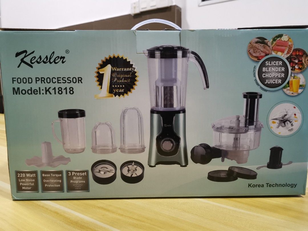 Multi Food Processor (Category: Juicers, Blenders & Grinders) located in Petaling Jaya. Submitted by kingray01 (Listing ID 1208457364, Image 1). Description: Brand new item, Bought at RM399 Never use it, For your Meal Preparation: Powerful Base Torque with Overheating Protection and LED 1000ml Jug with Filter 800ml Chopper Bowl Stainless steel blade for chop, blend, juicer Reversible shredding disc for slicing variable vegetables 1pcs 300ml low c