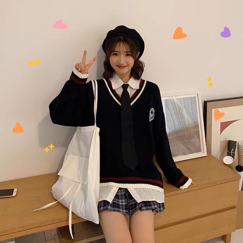 navy blue v neck pullover sweater jk school girl academia long