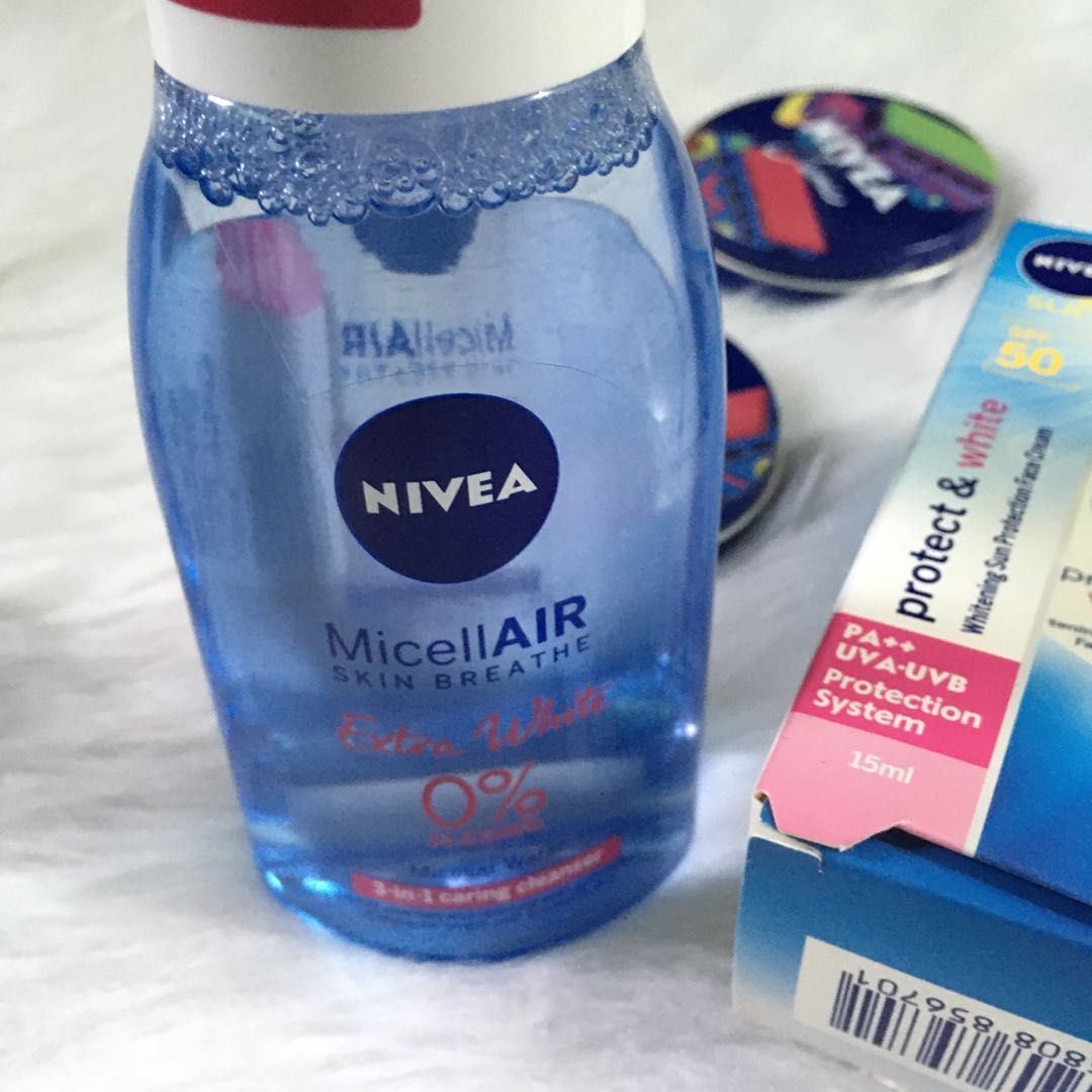 Nivea Bundle (Category: Face Care) located in Manila. Submitted by shop.declutter (Listing ID 1208344848, Image 2). Description: Nivea MicellAIR Skin Breathe Micellar Extra White Cleanser - 98% full Nivea Sun Protect and White SPF 50 Face Cream 15ml - Brand new Nivea Creme 30ml - both brand new ALL FOR 500 PESOS.