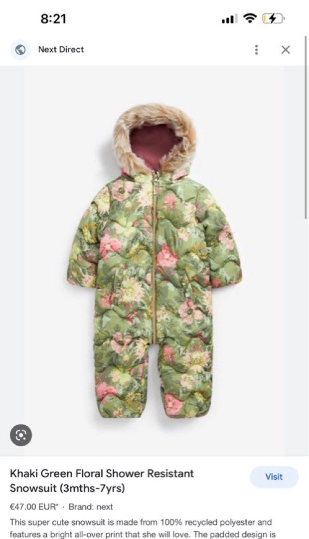 Preloved Next Khaki Green Floral Shower Resistant Snowsuit size 6