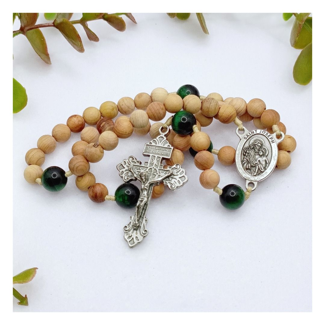 Saint Joseph Sandalwood Rosary Sandalwood Beads Emerald Green Tiger Eye St Joseph Center Pardon Crucifix Catholic Gifts Wood Rosary