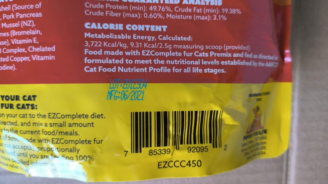 SEALED EZ Complete Raw Cat Food or Cooked A Premix (Supplement) to