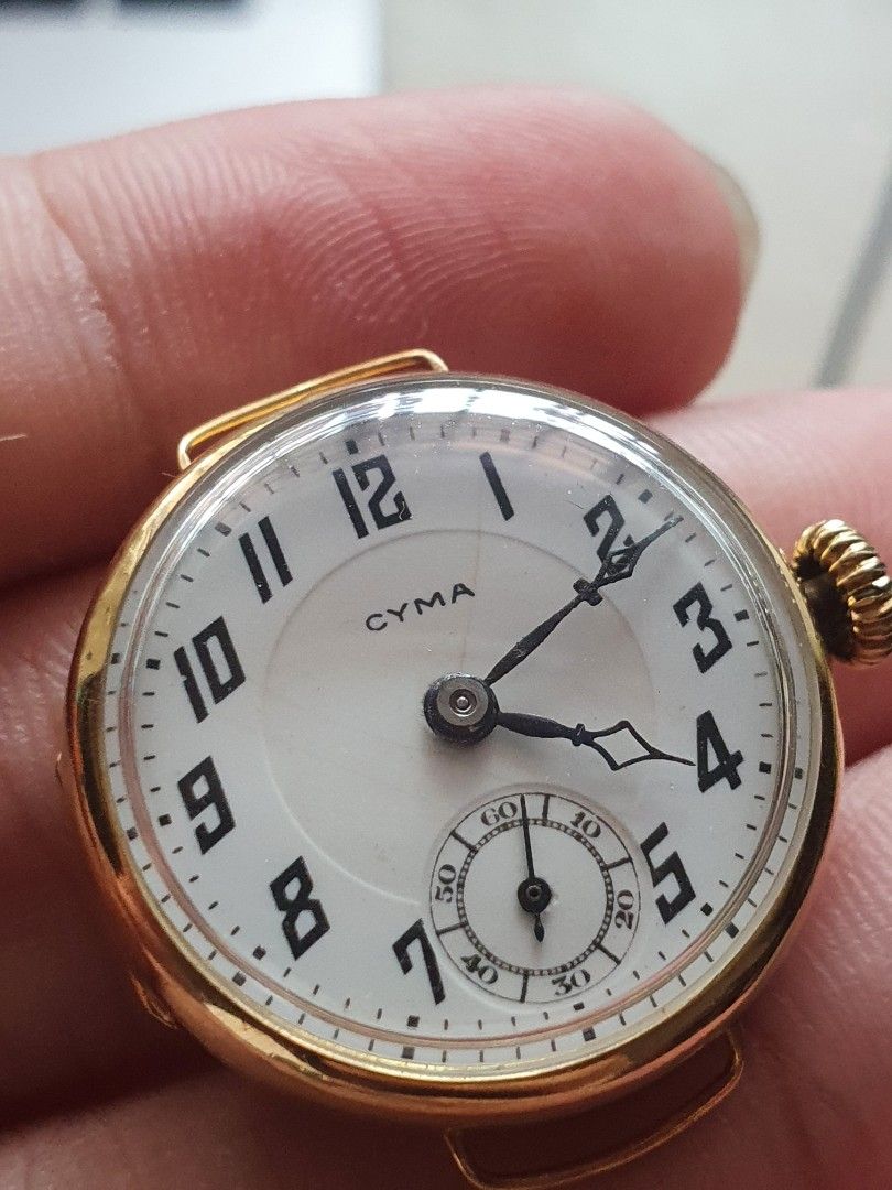 Solid 18k 100 year old Serviced Cyma trench watch manual wind vintage antique swiss geneva