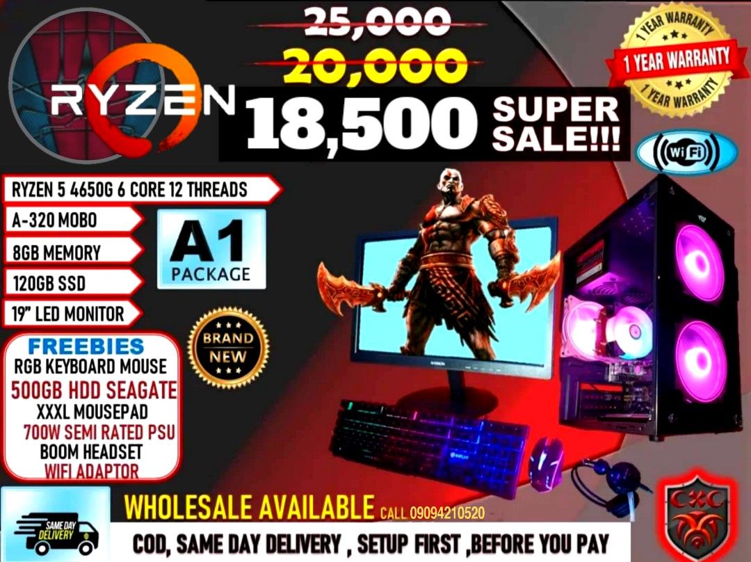 SUPER SALE❕ GAMING COMPUTER SET😍 (Category: Desktops) located in Manila. Submitted by electronicsatbphub (Listing ID 1208351442, Image 1). Description: SUPER SALE❕ GAMING COMPUTER SET😍 With complete packages, gagamitin mo nalang❕😍 RYZEN 5 4650G 6 CORE 12 THREADS 🔸A-320 MOBO 🔸8GB MEMORY 🔸120GB SSD 🔸19" LED MONITOR 🆓Inclusion 🔹RGB KEYBOARD MOUSE 🔹500GB HDD SEAGATE 🔹XXXL MOUSE PAD 🔹700W SEMI RATED PSU 🔹BOOM HEADSET 🔹WIFI ADAPTOR.