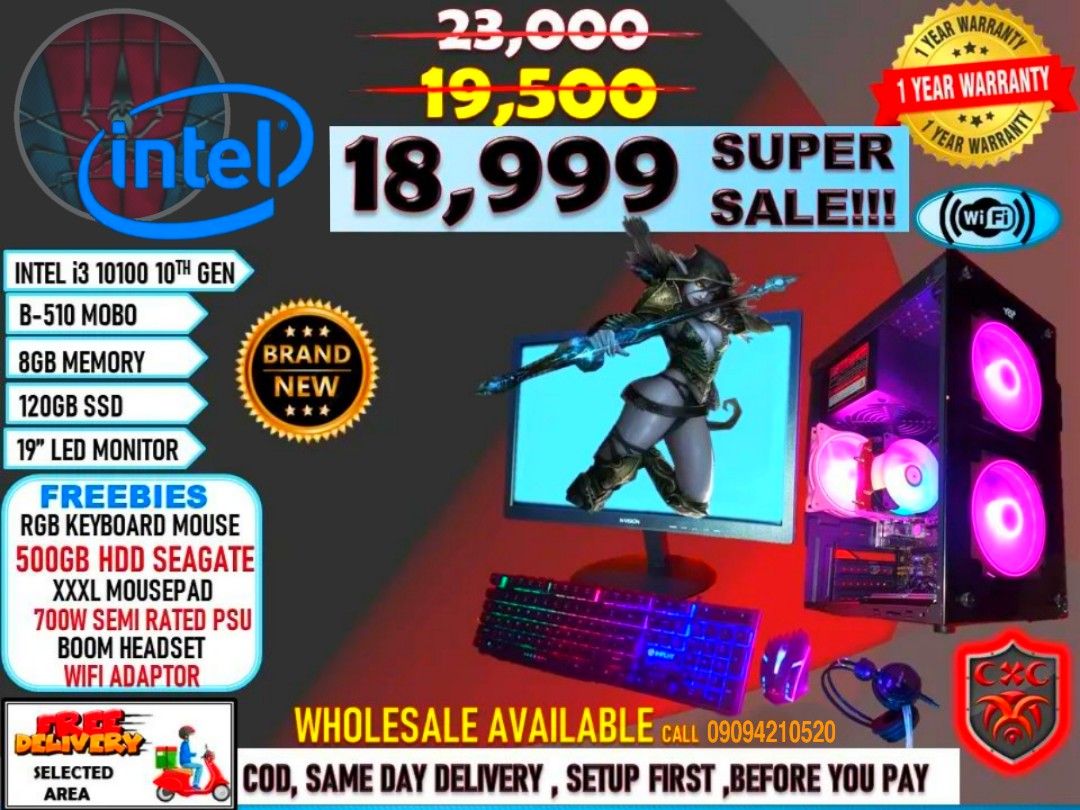 SUPER SALE❕ GAMING COMPUTER SET😍 (Category: Desktops) located in Manila. Submitted by electronicsatbphub (Listing ID 1208458632, Image 1). Description: SUPER SALE❕ GAMING COMPUTER SET😍 With complete packages, gagamitin mo nalang❕😍 INTEL i3 10100 10TH GEN 🔸B-510 MOBO 🔸8GB MEMORY 🔸120GB SSD 🔸19" LED MONITOR 🆓Inclusion 🔹RGB KEYBOARD MOUSE 🔹500GB HDD SEAGATE 🔹XXXL MOUSE PAD 🔹700W SEMI RATED PSU 🔹BOOM HEADSET 🔹WIFI ADAPTOR.