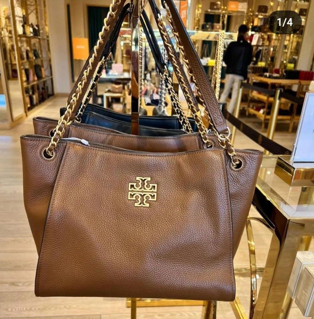 Tory burch britten tote in brown, Luxury, Bags & Wallets on Carousell