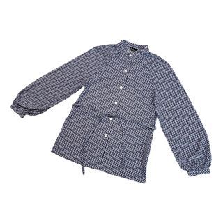Vintage 日本古著 滿版幾何印花 綁帶長袖襯衫 亨利領 藍白