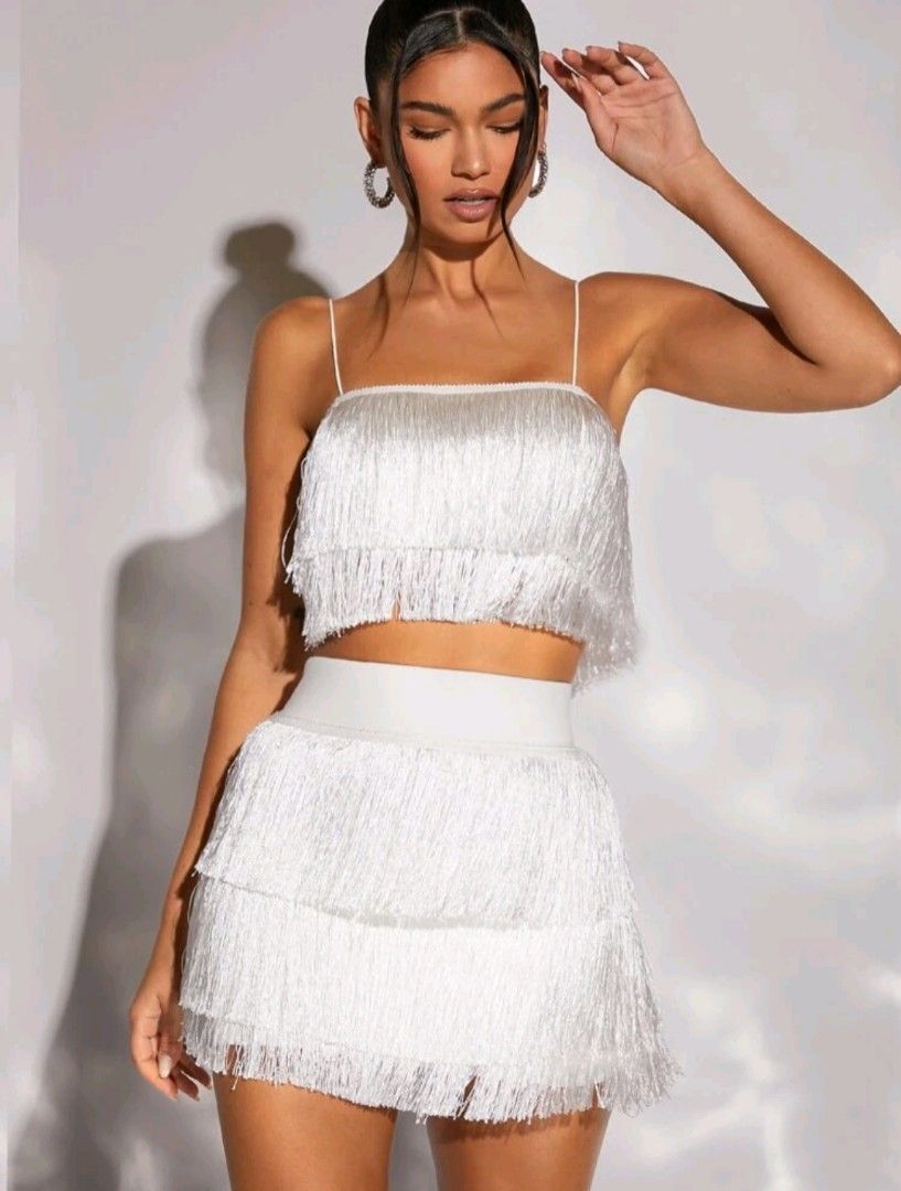 White fringe two piece outfit on sale