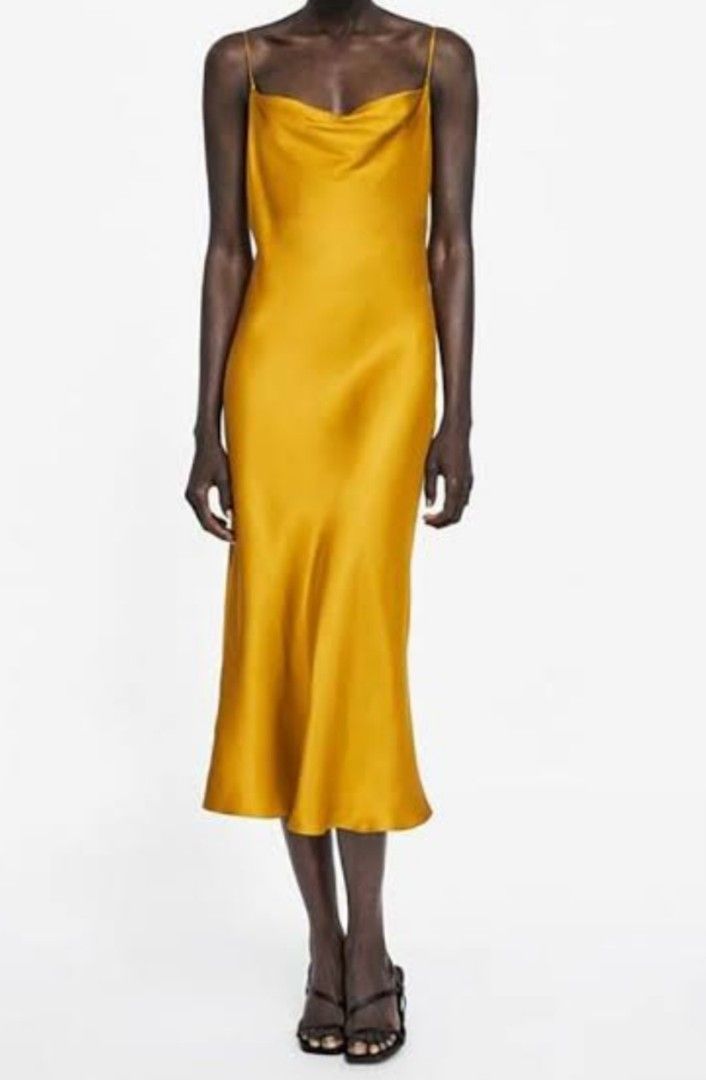 zara gold yellow silky spag dress, Women's Fashion, Dresses & Sets, Dresses  on Carousell