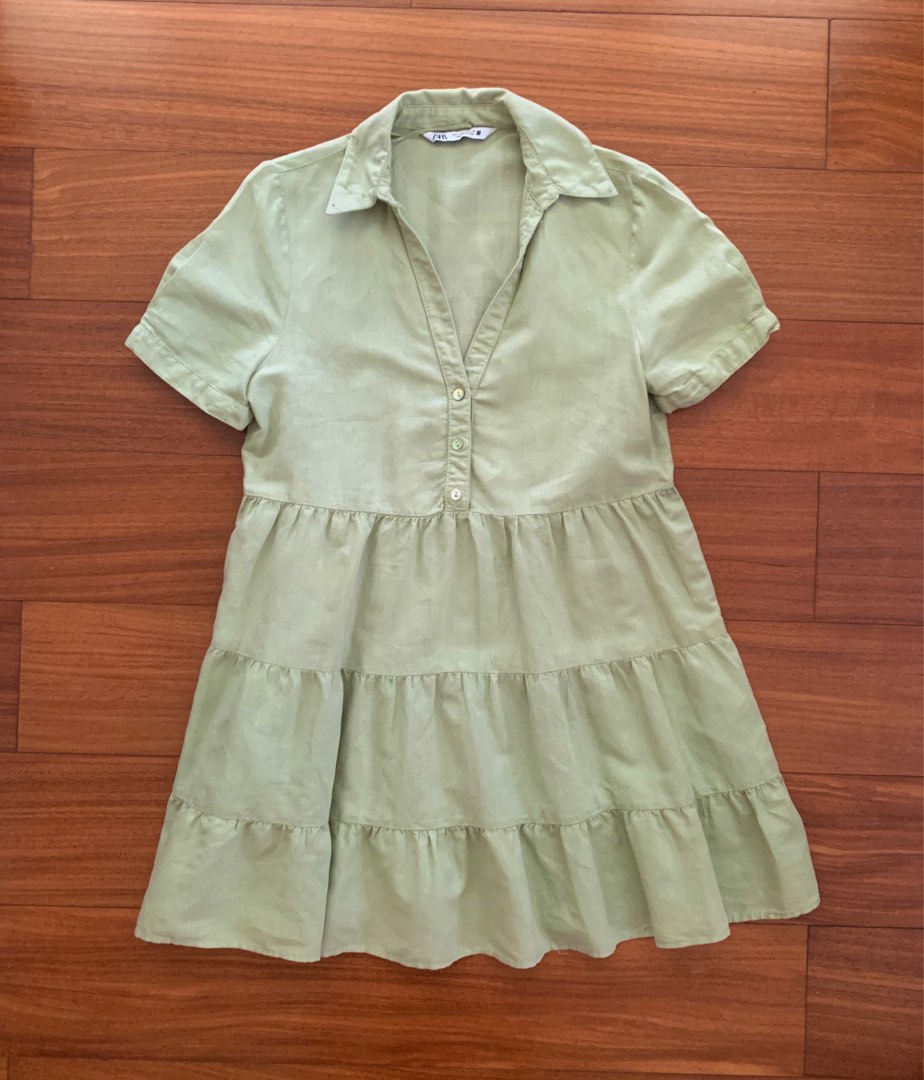 ZARA Sage Green Linen Dress, Women's Fashion, Dresses & Sets, Dresses