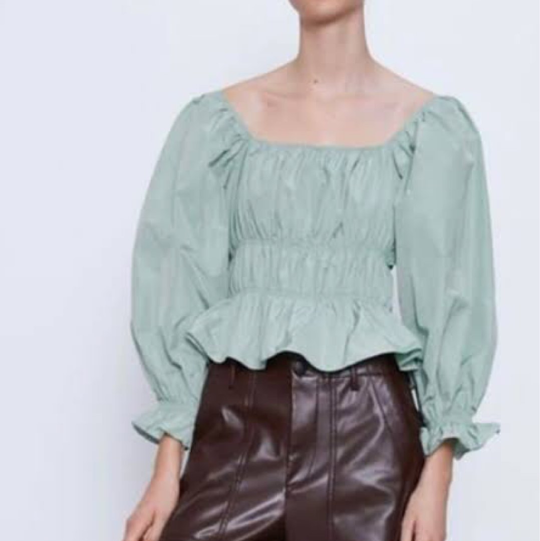 Zara sage green puff sleeve/off shoulder top, Women's Fashion, Tops