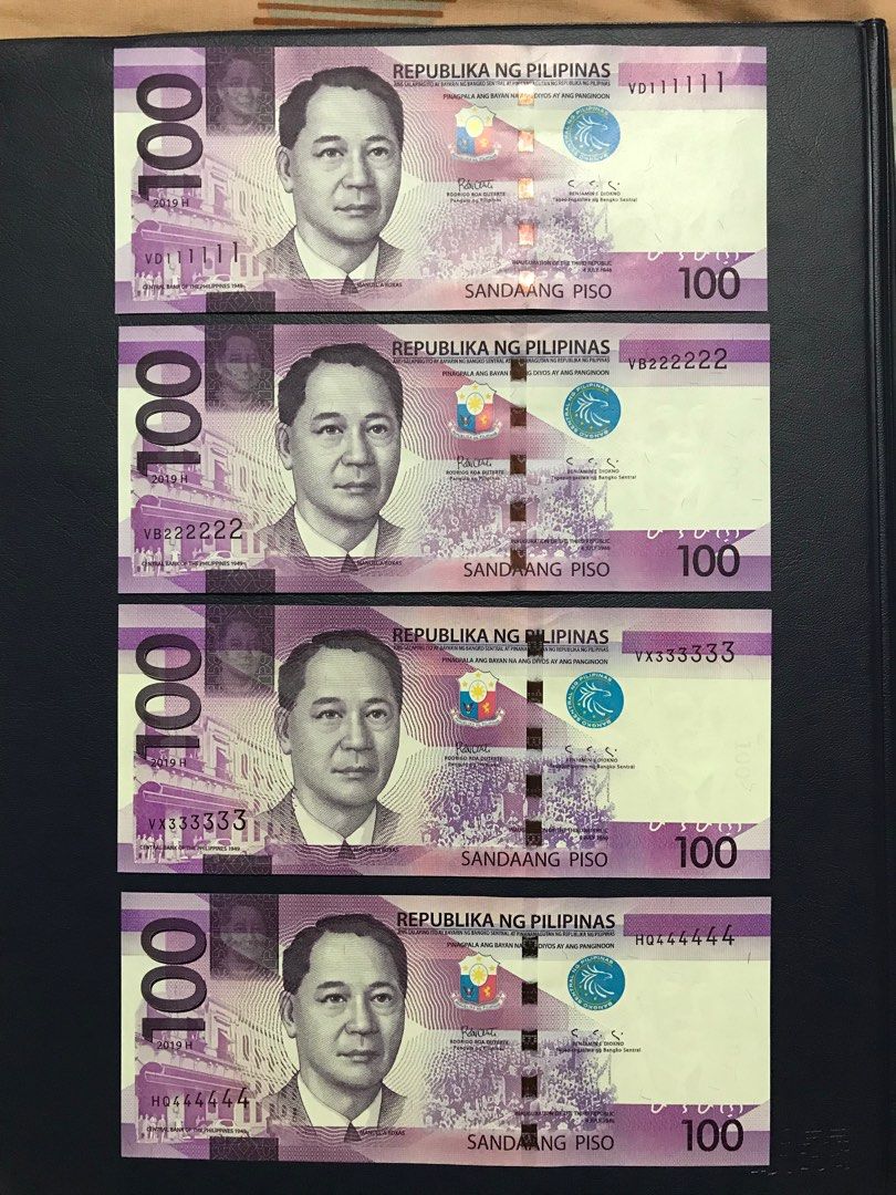 100 piso with Solid Serial number 1-2-3-4-5-6-7-8-9-1M, Hobbies & Toys,  Memorabilia & Collectibles, Currency on Carousell