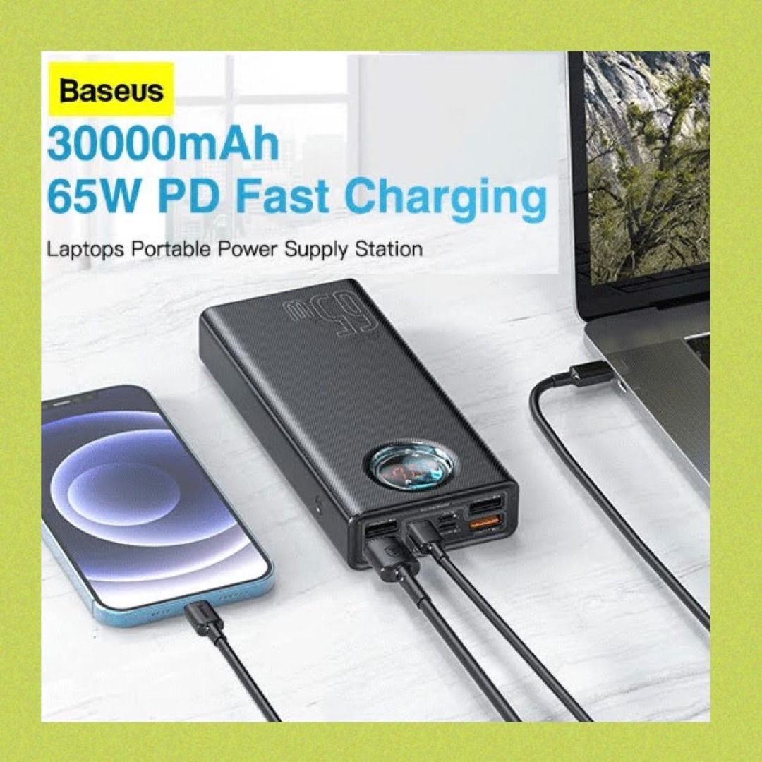 Baseus Power Bank 65W 30000 mAh Amblight Digital Display USB-C PD3.0+QC3.0 PD  Quick Charge FCP SCP Portable Charger for Smartphone Laptop Tablet  尿袋移動電源充電寶, 手提電話, 電話及其他裝置配件, 電池及充電器