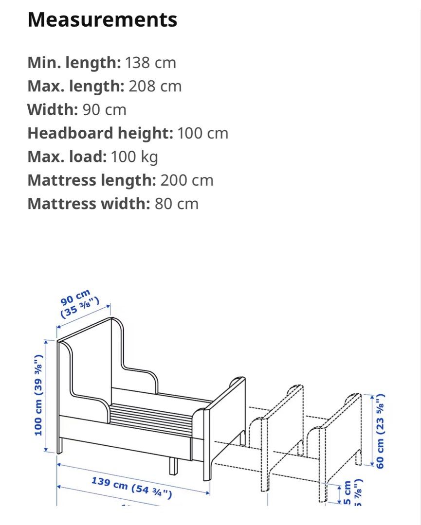 BUSUNGE Extendable bed, white, 80x200 cm, Babies & Kids, Baby Nursery