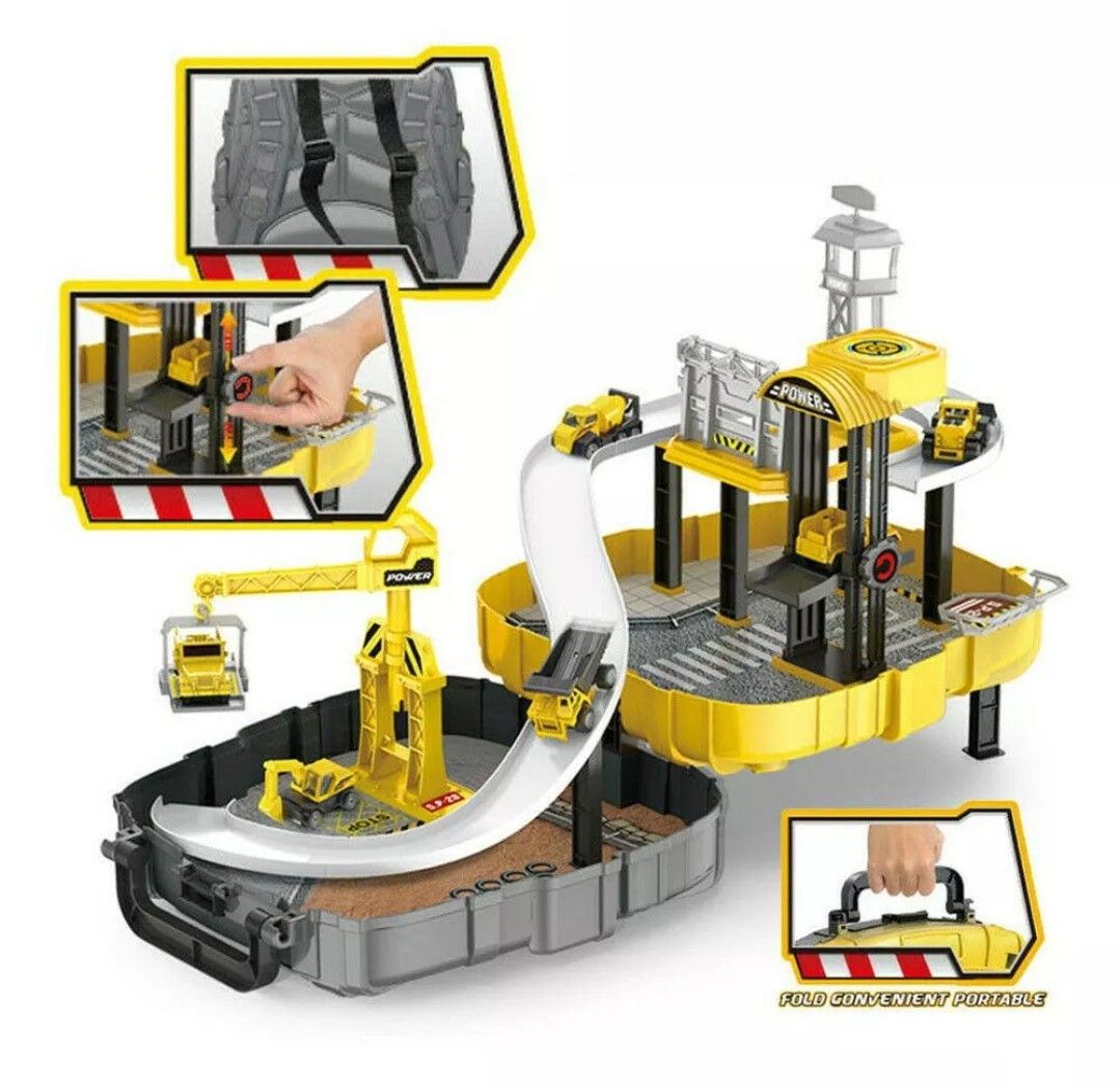 Construction site toys PlaySet backpack 2 trucks building crane digger