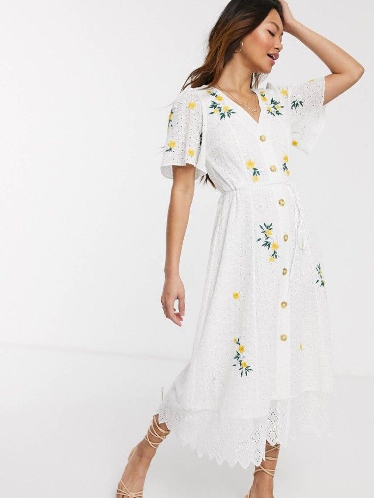 french connection eka floral embroidered broderie button midi