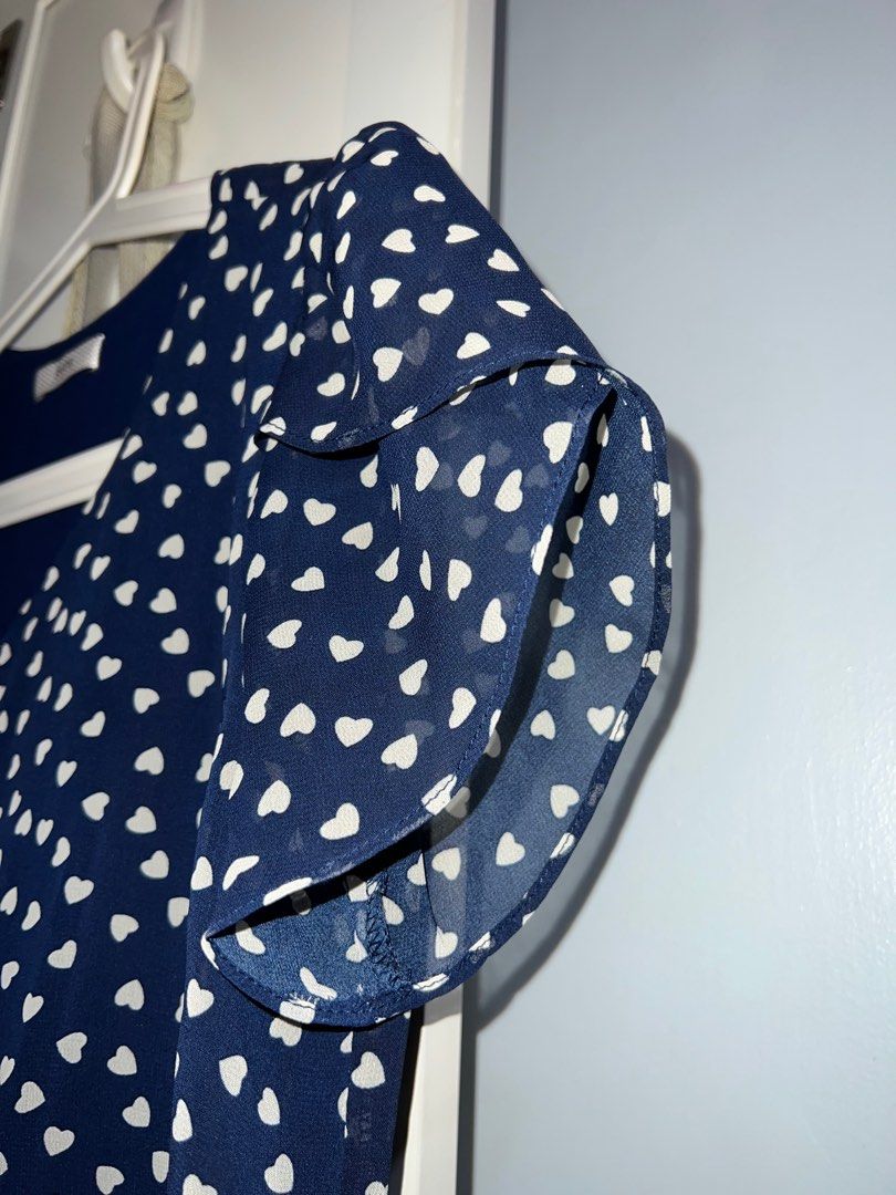 Iora Hearts Chiffon Blouse (Navy Blue) (Category: Blouses) located in Quezon City. Submitted by tinsey (Listing ID 1208601174, Image 3). Description: Non-stretch fabric With inner lining Scallop sleeves Size details Bust 32-34in Waist 28in Add Php150 for lbc shipping within Metro Manila GrabExpress delivery also an option .