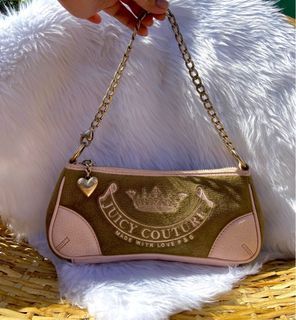 Juicy Couture Bag Vintage Ultra Rare y2k Terry Cloth and Leather Baguette Shoulder Kili in Brown and Pastel Baby Pink