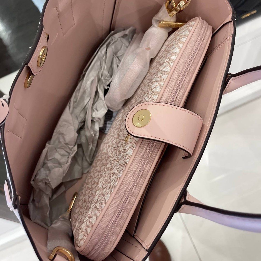 Michael Kors Kali Medium Satchel Ipad Case Tote Shoulder Bag White Pink +  Wallet