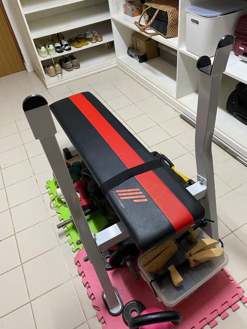 Muscle Power Flat Bench (Category: Weights & Dumbbells) located in Quezon City. Submitted by hiasb (Listing ID 1208531008, Image 3). Description: Muscle Power Weight Bench (Weights Not Included) Like New With minor stain from a cleanser Originally bought for around P4,800 in 2020 Only used a couple of times Can be dismantled for easy transport Flat bench with provision underneath for plates Pick up in Commonwealth RFS: Moved to a place with a gym