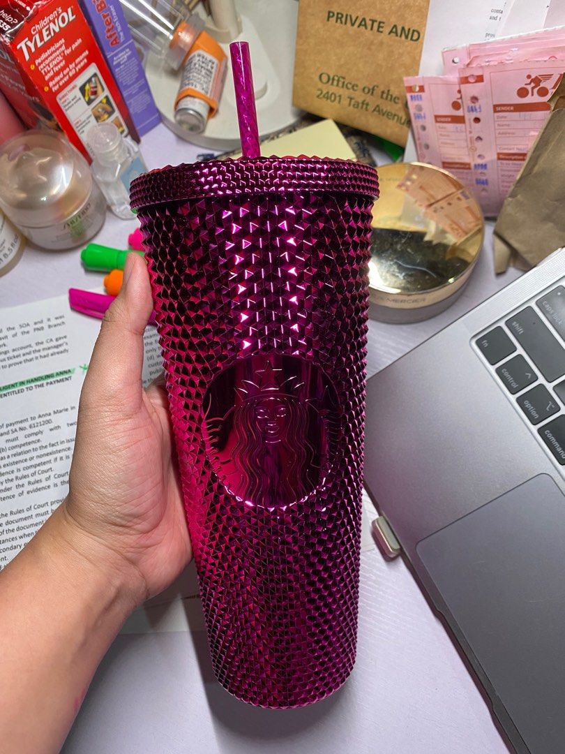 Hot Pink AB Rhinestone Starbucks Reusable 24 oz Cold Cup.