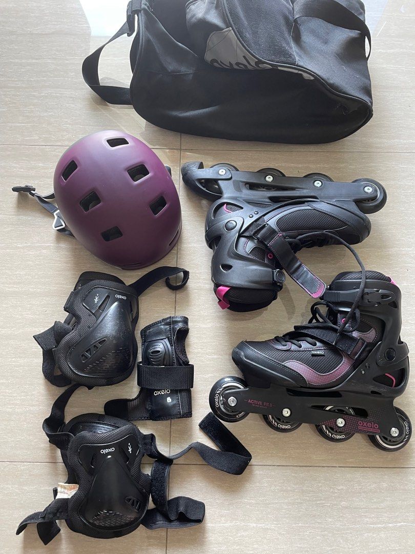 Oxelo black inline skates with gear, Sports Equipment, Sports & Games