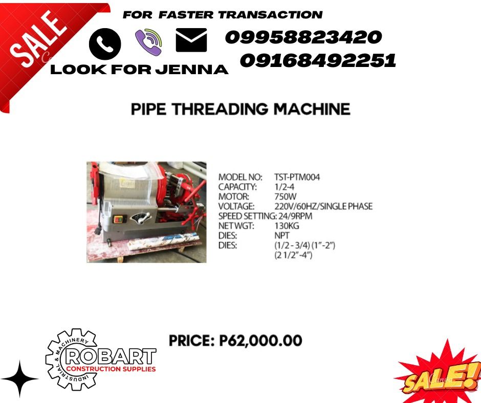 PIPE THREADING MACHINE 1/2''-4'' brand:TITAN (Category: Construction Tools & Equipment) located in Manila. Submitted by jenna09168492251 (Listing ID 1208527447, Image 1). Description: NOTE:price subject to change without prior notice for faster transaction call/text/viber 09168492251 09958823420 Look for JENNA for faster transaction call/text/viber 09168492251 09958823420 Look for JENNA .