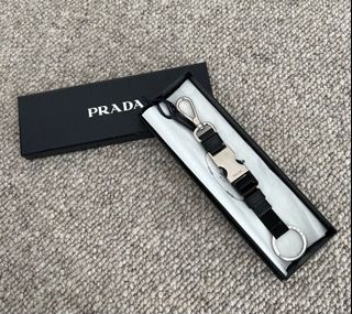 PRADA woven nylon mixed leather key ring bag charm