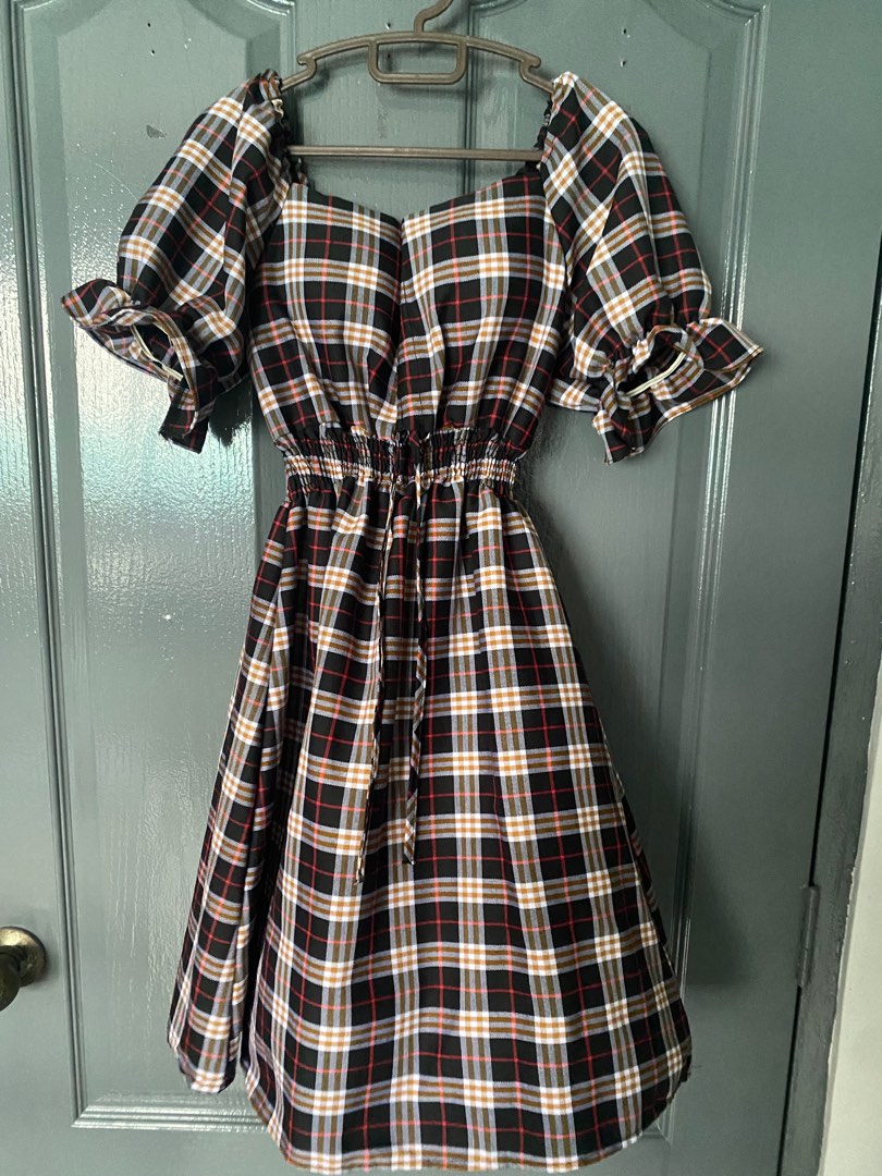 Checkerboard Puff Sleeve Dress