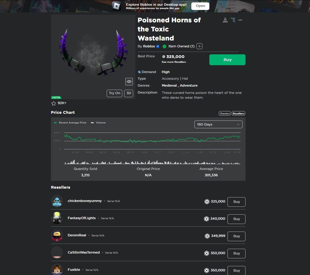Roblox limited Poisoned Horns of the Toxic Wasteland, 電子遊戲, 電子遊戲, 其他