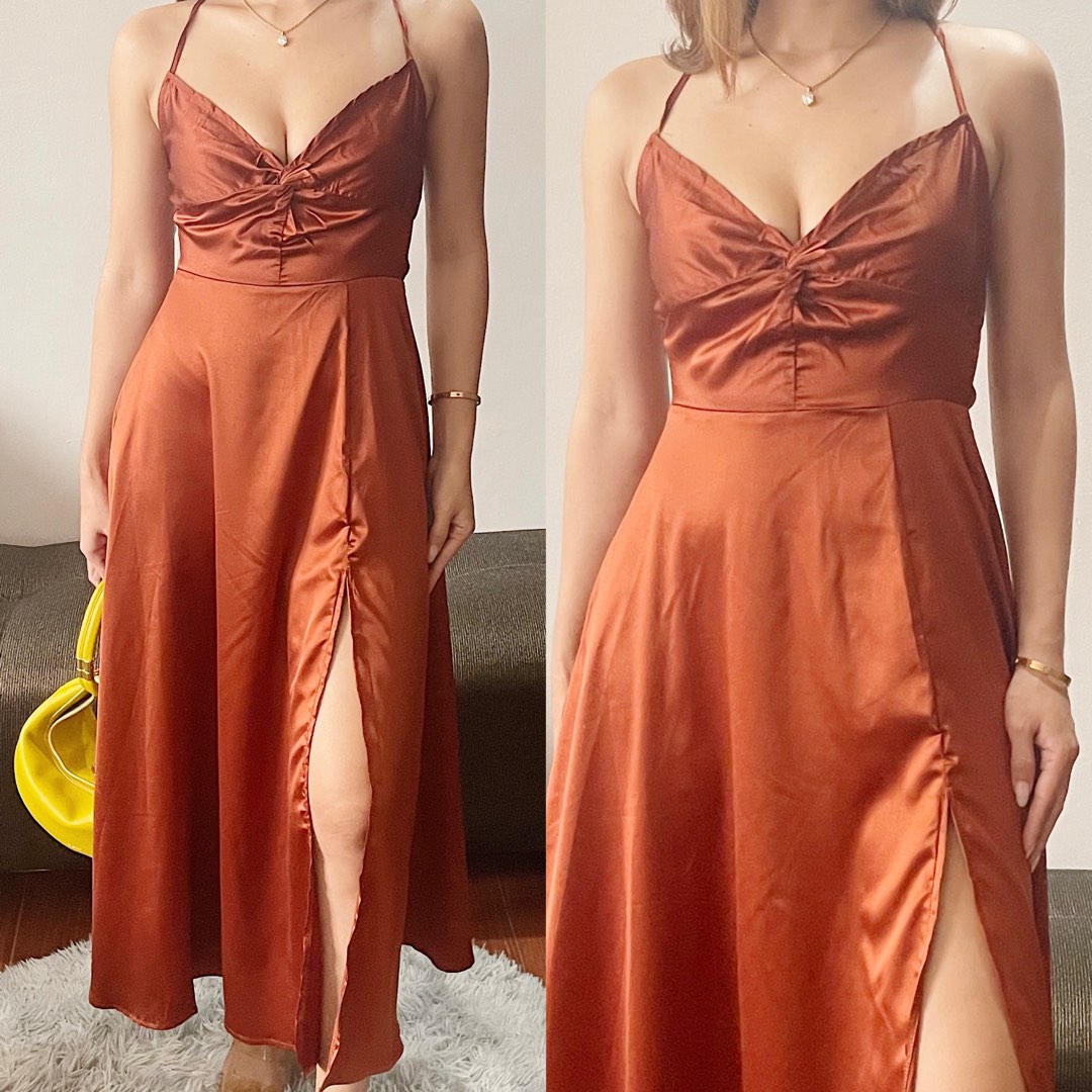 Rust satin dress, Women's Fashion, Dresses & Sets, Dresses on Carousell