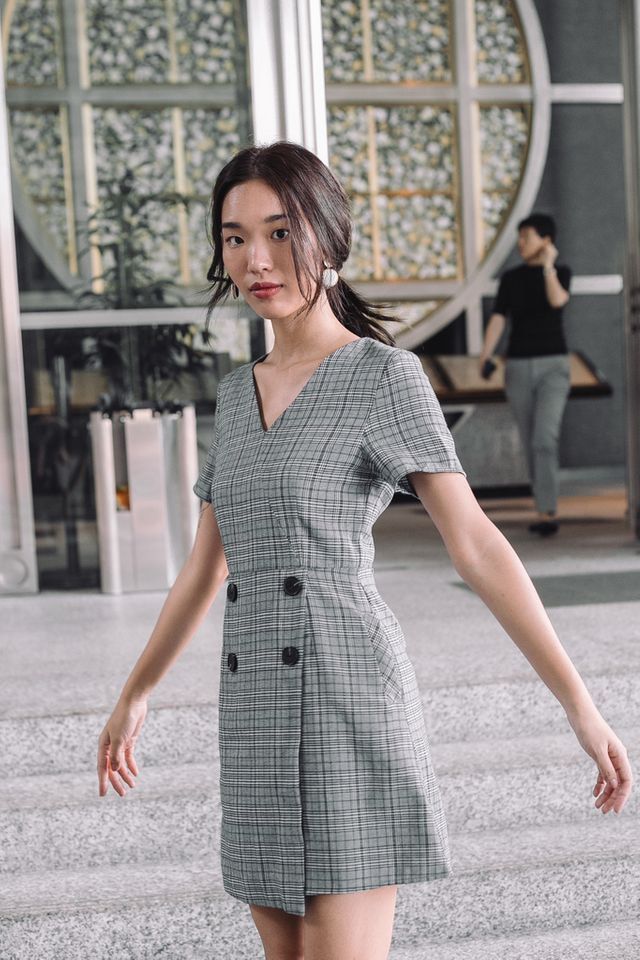 Siria Overlay Plaid Dress in Grey