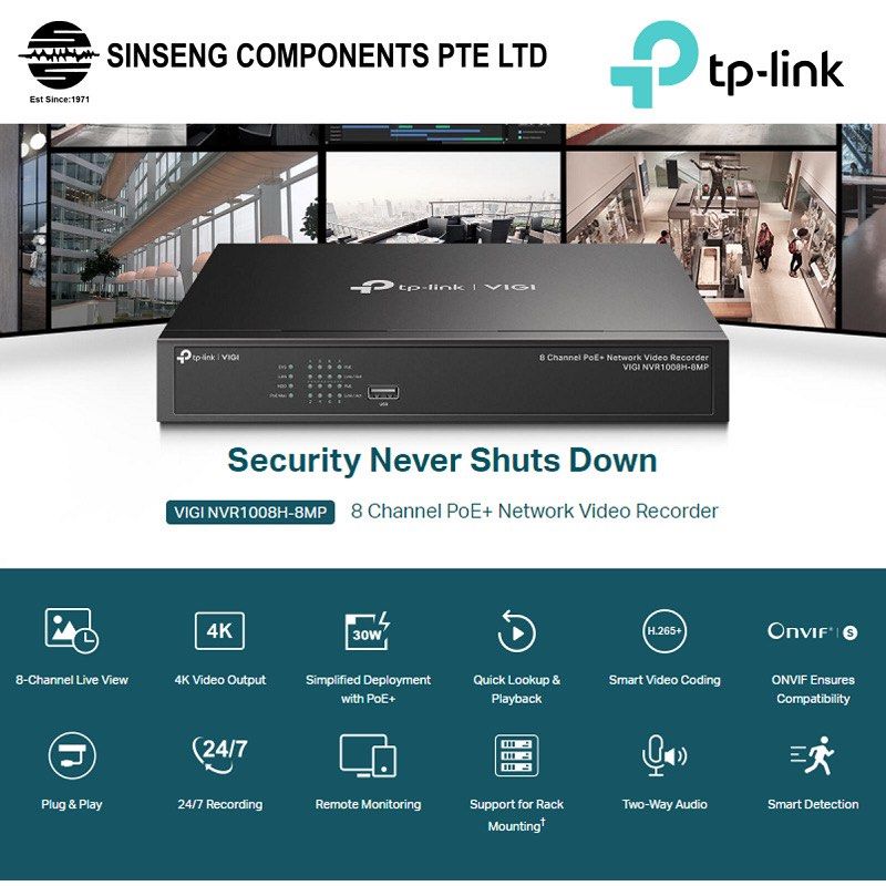 TP-Link VIGI NVR1008H-8MP 8 Channel 8CH NVR with 8 Ports PoE+ Built in ...