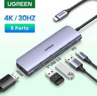 UGREEN USB C HUB with 4K HDMI 5-In-1 Type C OTG Hub Multi-port Adapter Thunderbolt 3 Dock with 3 USB 3.0 Ports, 100W PD Charger Compatible with MacBook Air/Pro 2020, Laptop, Phone