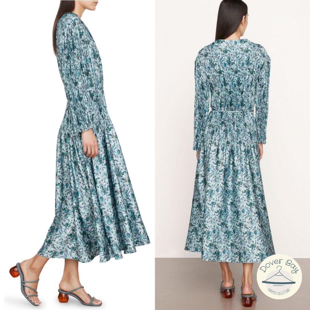 Vince Berry Blooms Pleated Shirt Midi Dress Ocean Petal Quartz, Women's