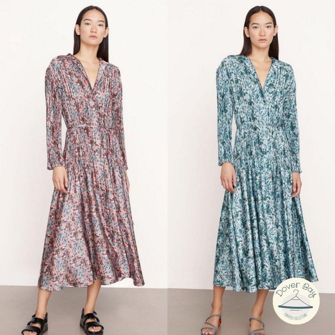 Vince Berry Blooms Pleated Shirt Midi Dress Ocean Petal Quartz, Women's