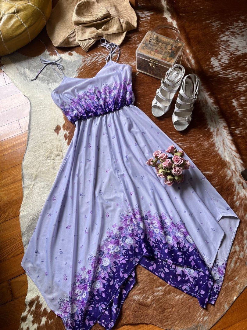 Vintage 70s handkerchief hem mauve butterflies shoestring strap