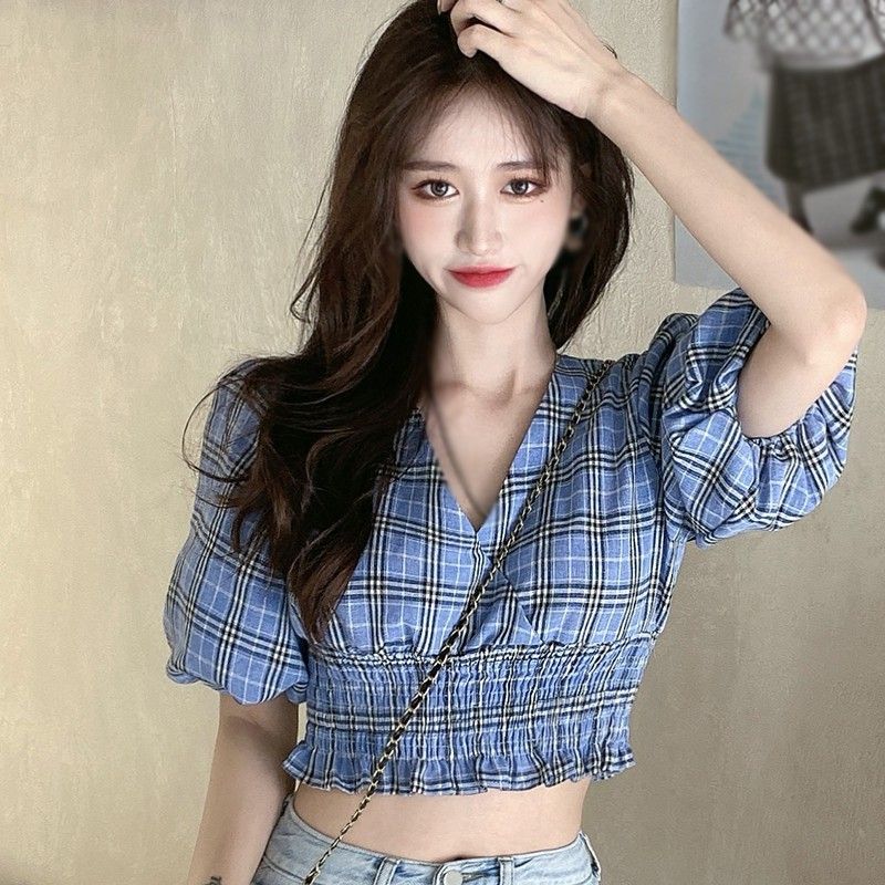 Women s Plaid V Neck Sweet Sexy Exposed Navel Half Sleeve Shirt