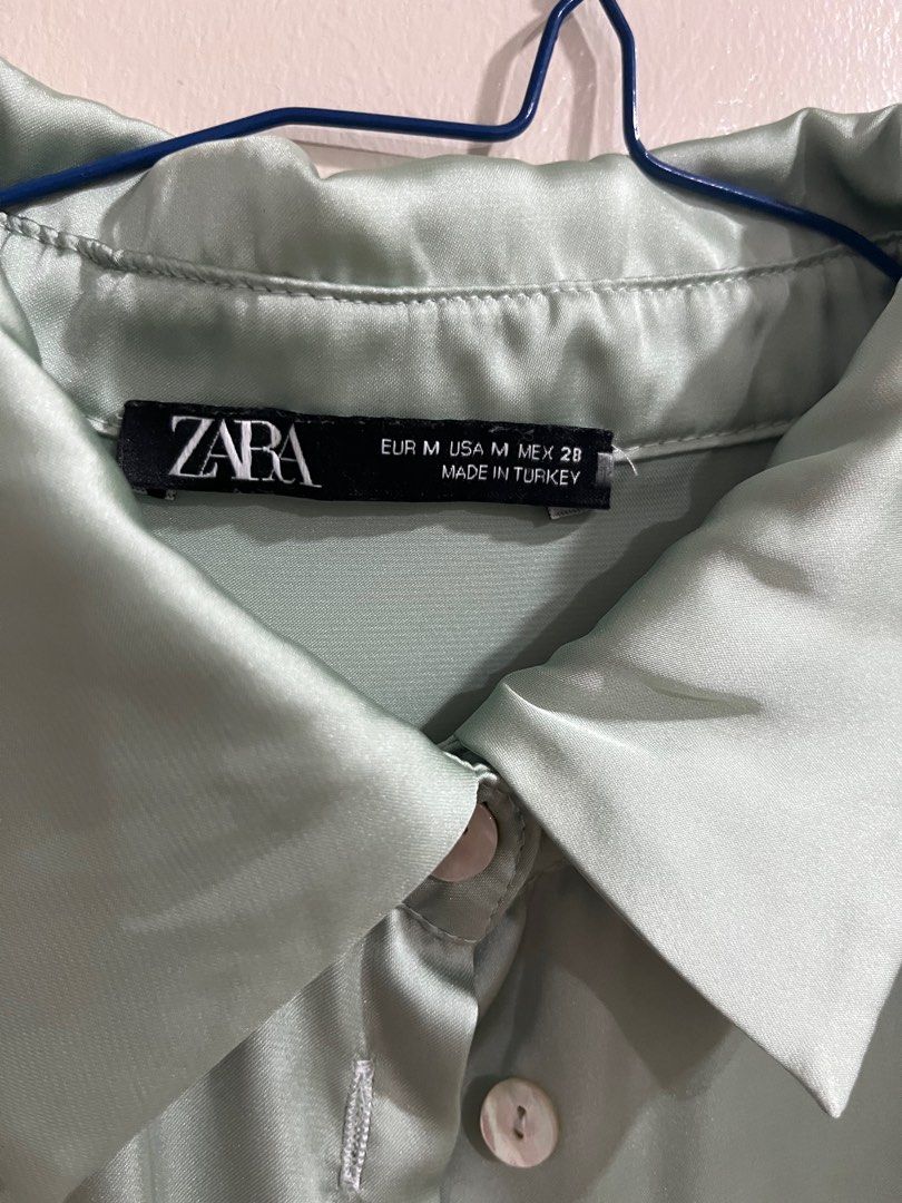 Zara mint green satin blouse, Women's Fashion, Tops, Blouses on Carousell