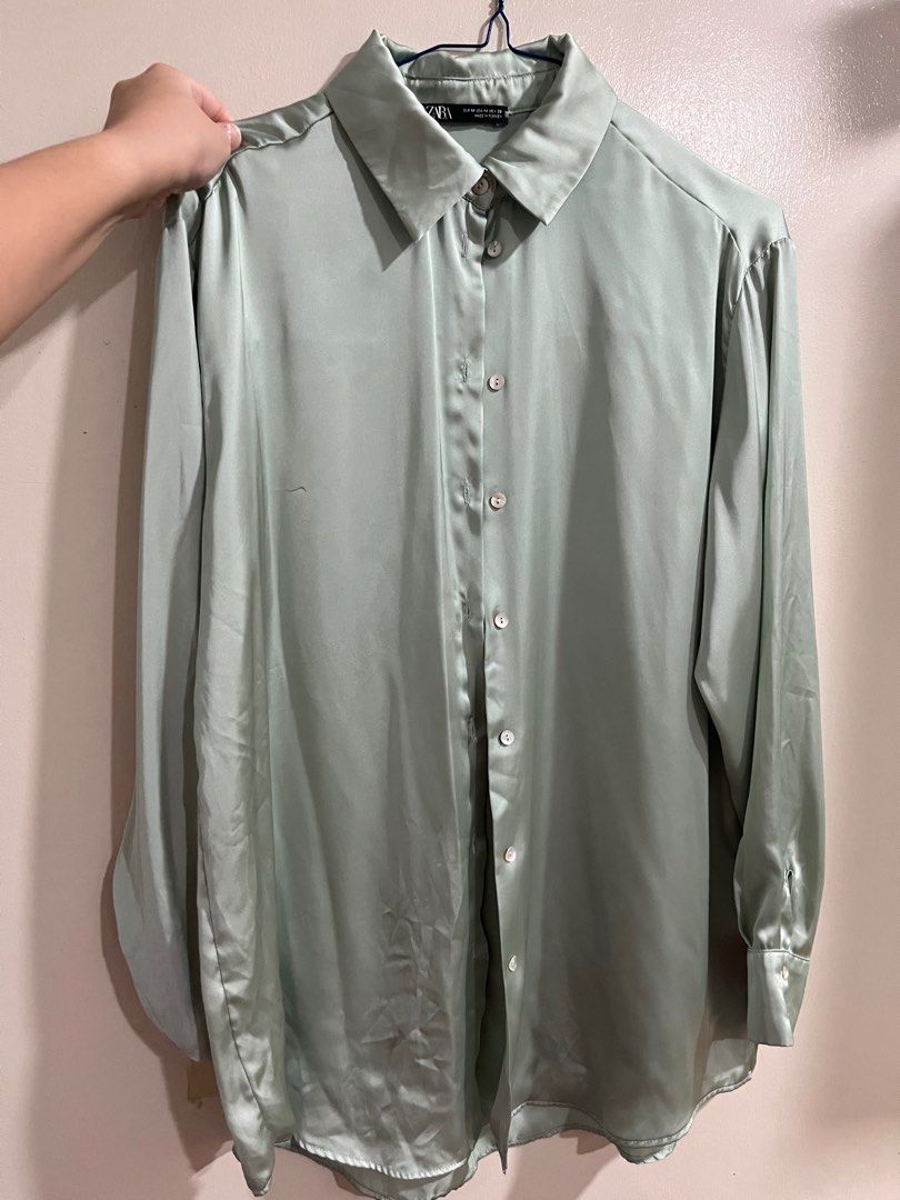 Zara mint green satin blouse, Women's Fashion, Tops, Blouses on Carousell