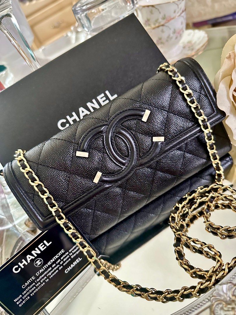 Chanel Black Quilted Caviar CC Filigree WOC Wallet On Chain Gold