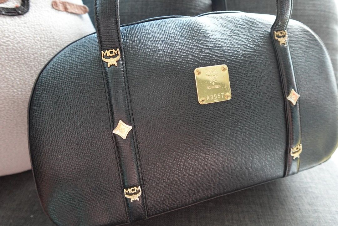 MCM, Bags, Authentic Mcm Pebbled Leather Gold Studded Logo Motifs Mini  Boston Bag