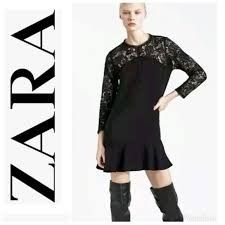 Brand New w/ Tag ZARA Lace shoulder & sleeves Black Dress flowy dropped hem