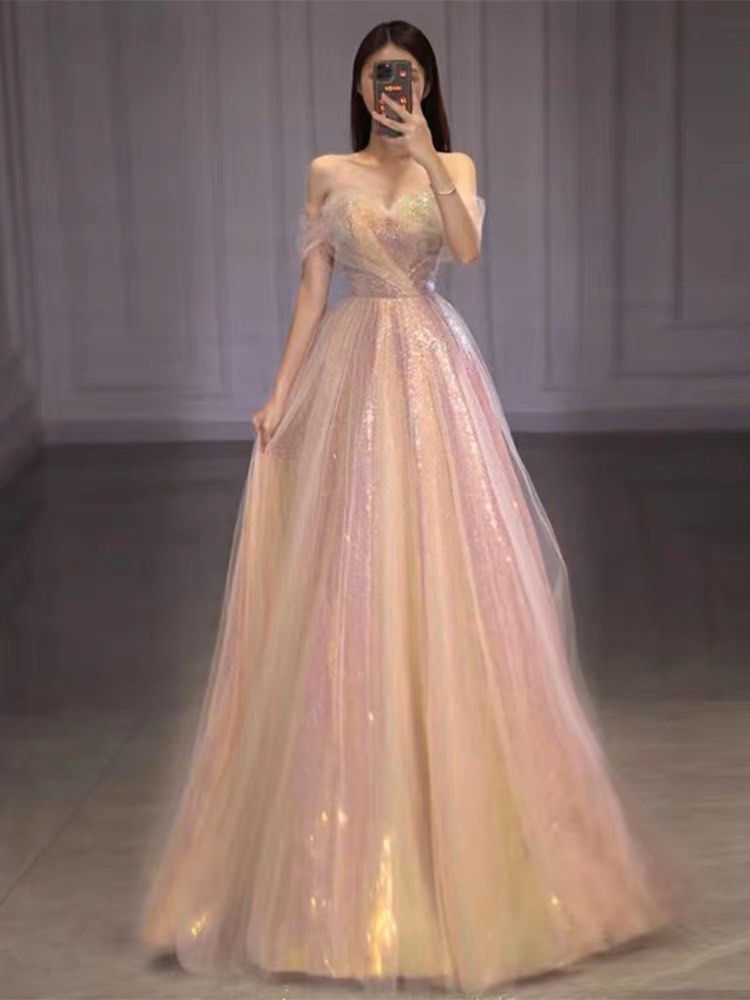 Can customise Shiny pink glossy off shoulder elegant Evening Gown