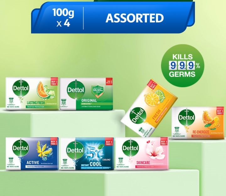 Dettol Bar Soap 100g x 4 pack. Kills 99.9 Germs. Assorted Variety