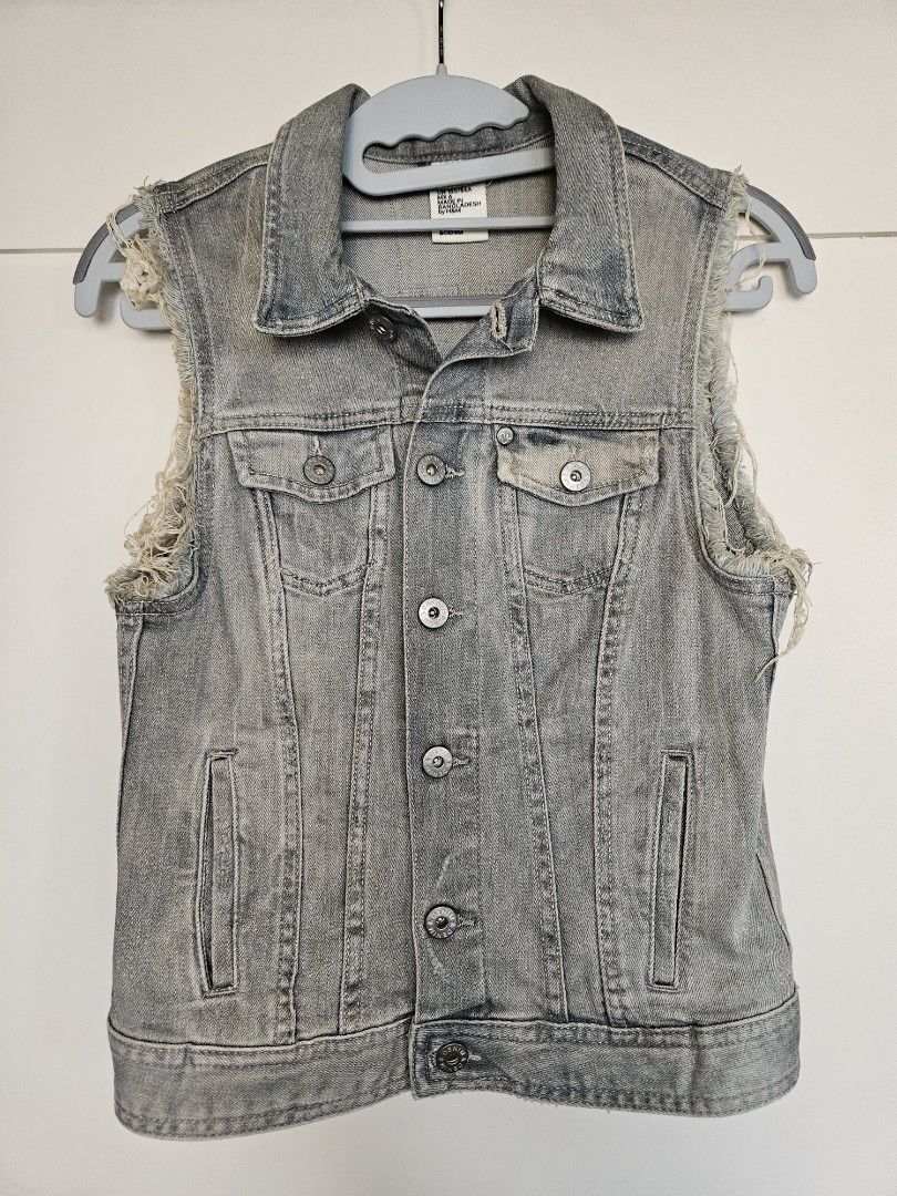 Distressed sleeveless denim jacket cheap