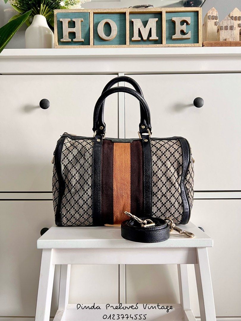 Gucci Black Beige Diamante Canvas Medium Vintage Web Boston Bag