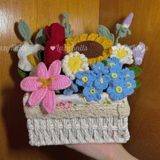 Handmade Crochet Flower Basket Gift Yarn | Sunflower Daisy Lily Tulip Morning Glory Forget-Me-Not