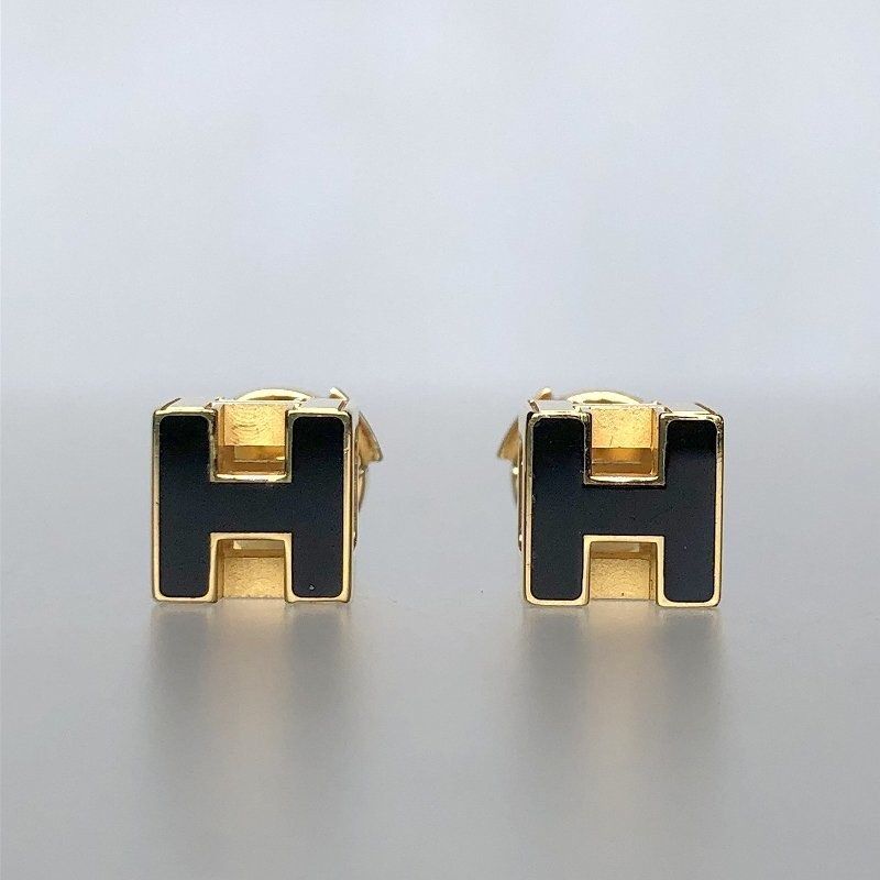 HERMES Cage de Ash H Cube Earrings BLACK GOLD
