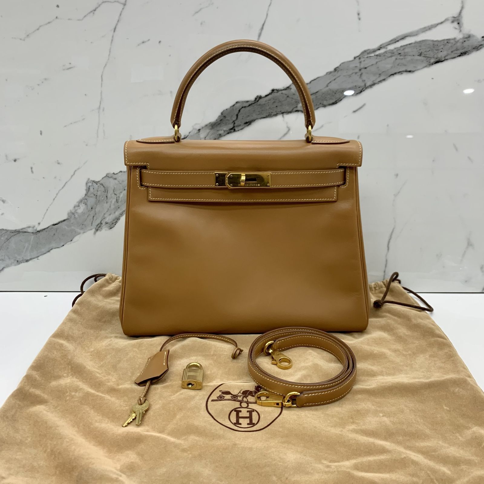 Hermes Kelly Handbag Orange Box Calf with Gold Hardware 28 Orange